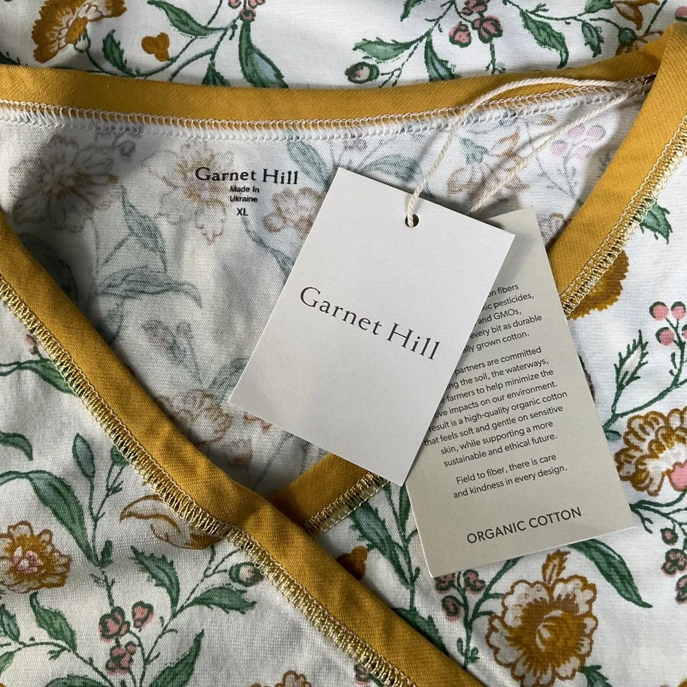 Garnet Hill Floral Wrap Neck Top Women's XL Cream Mustard‎ Yellow Organic Cotton